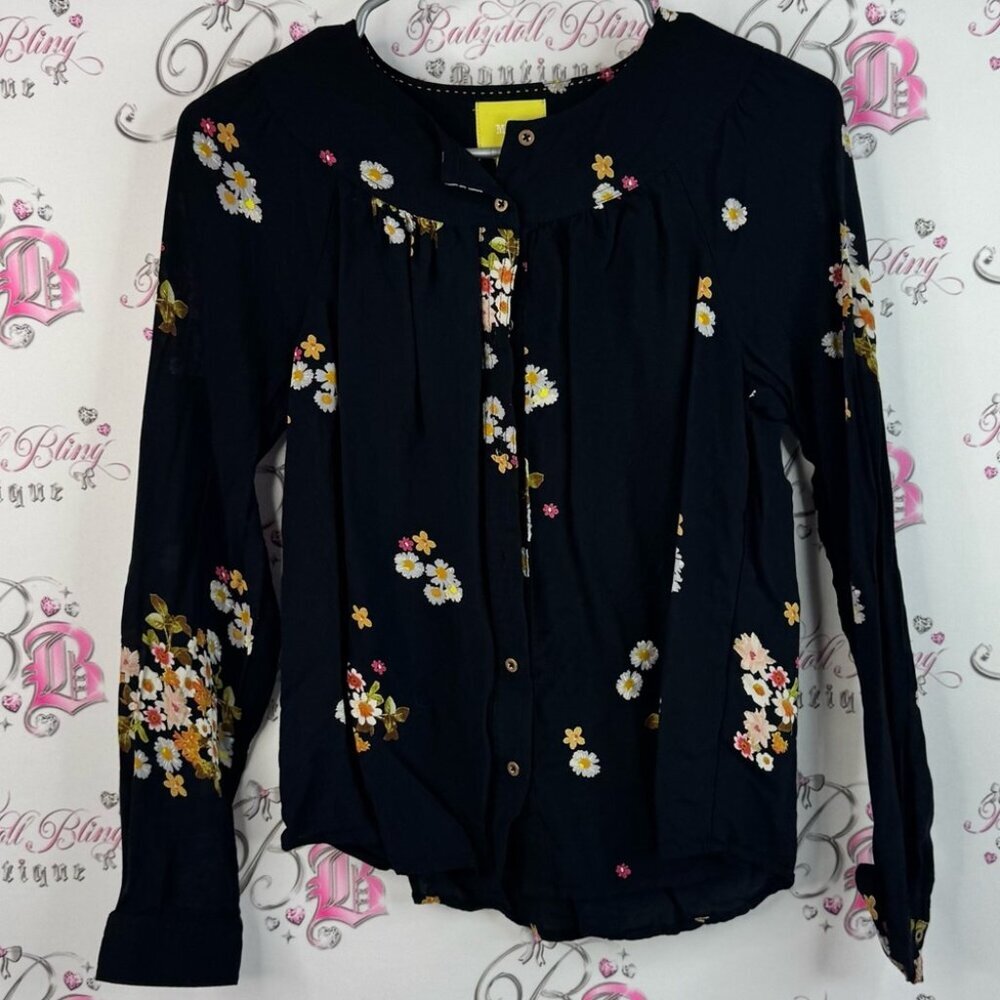 Maeve button up long sleeve flowers wooden buttons pleated bright Floral Blouse